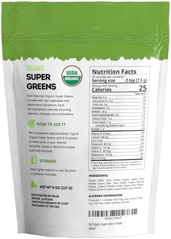 Kate Naturals Polvo Orgánico de Super Greens. Mezcla de Superalimentos Diarios con Probióticos y Fibra para Batidos y Jugos (30 Porciones, 8oz, - imagen 6