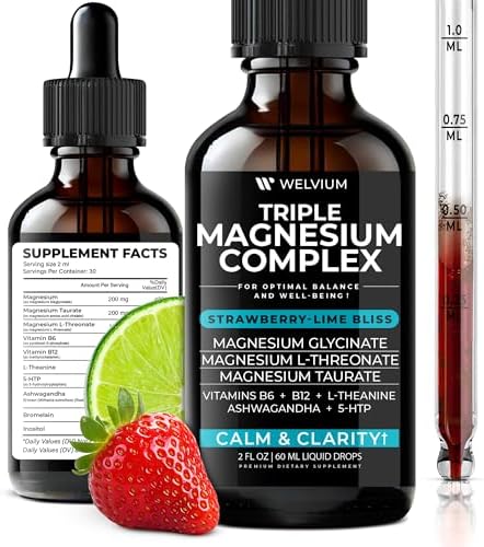 WELVIUM Complejo Triple de Magnesio en Gotas Líquidas - Suplemento de Magnesio Glicinato con L-Treonato, Taurato - Ashwagandha, L-Teanina, 5-HTP, - imagen 1