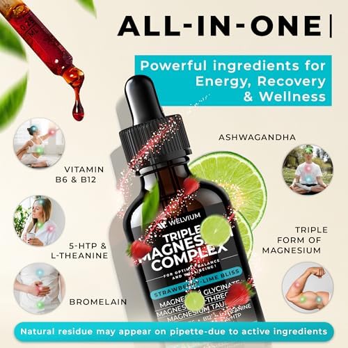 WELVIUM Complejo Triple de Magnesio en Gotas Líquidas - Suplemento de Magnesio Glicinato con L-Treonato, Taurato - Ashwagandha, L-Teanina, 5-HTP, - imagen 2