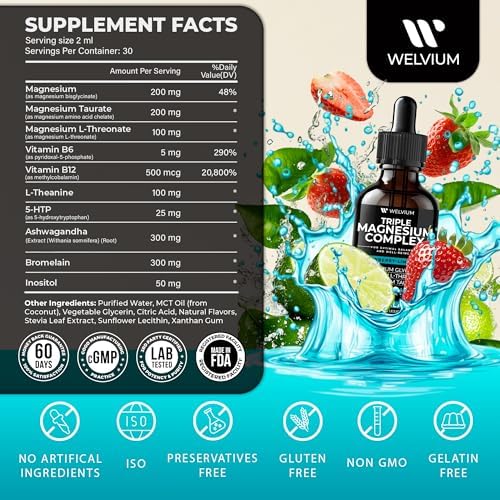 WELVIUM Complejo Triple de Magnesio en Gotas Líquidas - Suplemento de Magnesio Glicinato con L-Treonato, Taurato - Ashwagandha, L-Teanina, 5-HTP, - imagen 4