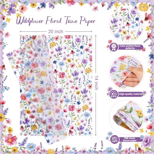 Papel de Regalo Decorativo SUMMORO de 100 Hojas con Flores Silvestres, 20 x 14 Pulgadas, Ideal para Bodas, Bautizos, Cumpleaños y Manualidades - imagen 2