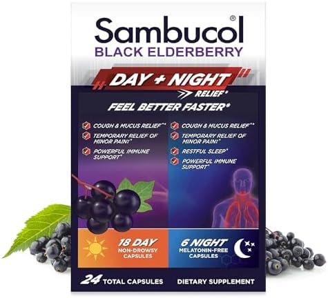 Sambucol Black Elderberry Alivio Día y Noche - Alivio Diurno Sin Somnolencia para Hombres y Mujeres, Sueño Reparador Sin Melatonina - 24 Cápsulas, 1 - imagen 1