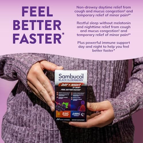 Sambucol Black Elderberry Alivio Día y Noche - Alivio Diurno Sin Somnolencia para Hombres y Mujeres, Sueño Reparador Sin Melatonina - 24 Cápsulas, 1 - imagen 3