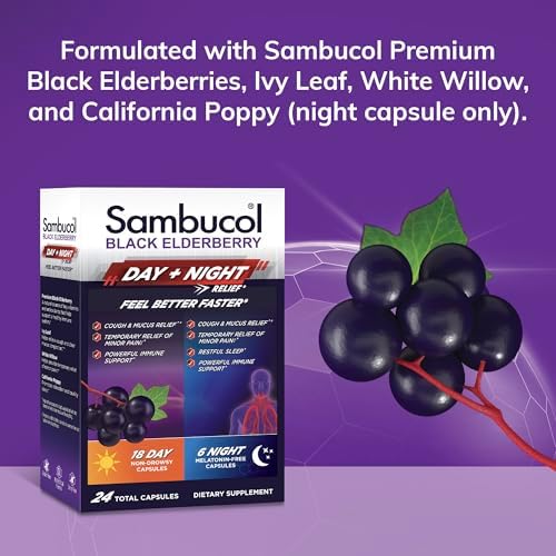 Sambucol Black Elderberry Alivio Día y Noche - Alivio Diurno Sin Somnolencia para Hombres y Mujeres, Sueño Reparador Sin Melatonina - 24 Cápsulas, 1 - imagen 4