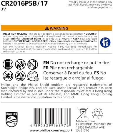 Baterías de Litio Philips CR2016 3V, Paquete de 20, 10 Años de Vida Útil, Empaque a Prueba de Niños, Descarga Estable para Llave de Auto y - imagen 8