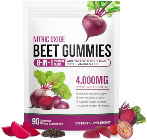 Gomitas de Betabel, 90 Gomitas, Suplemento de Extracto de Betabel 20:1 con COQ10, Vitamina C, B12, Extracto de Semilla de Uva y Pimienta Negra, - imagen 1
