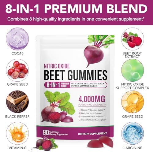 Gomitas de Betabel, 90 Gomitas, Suplemento de Extracto de Betabel 20:1 con COQ10, Vitamina C, B12, Extracto de Semilla de Uva y Pimienta Negra, - imagen 2
