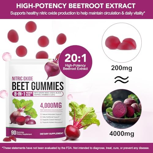 Gomitas de Betabel, 90 Gomitas, Suplemento de Extracto de Betabel 20:1 con COQ10, Vitamina C, B12, Extracto de Semilla de Uva y Pimienta Negra, - imagen 3
