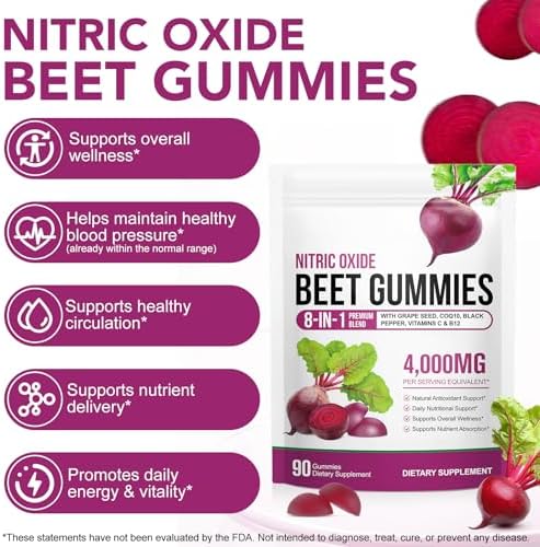 Gomitas de Betabel, 90 Gomitas, Suplemento de Extracto de Betabel 20:1 con COQ10, Vitamina C, B12, Extracto de Semilla de Uva y Pimienta Negra, - imagen 4