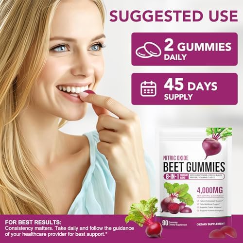 Gomitas de Betabel, 90 Gomitas, Suplemento de Extracto de Betabel 20:1 con COQ10, Vitamina C, B12, Extracto de Semilla de Uva y Pimienta Negra, - imagen 7
