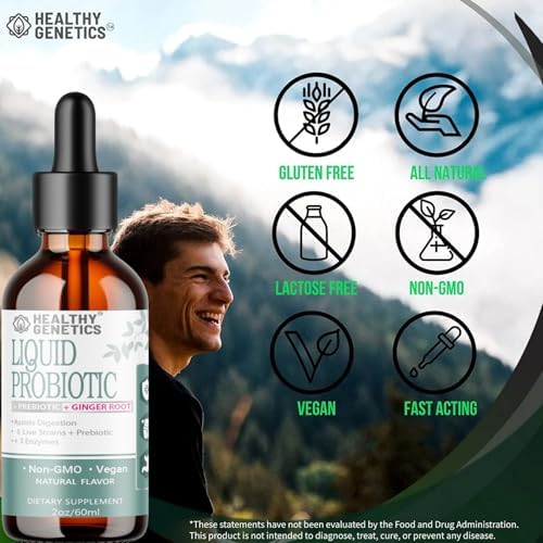 Probioticos Líquidos Healthy Genetics para Mujeres, Hombres y Niños | Prebiótico + Jengibre + Probióticos para la Salud Digestiva | 30 Porciones, Sin - imagen 3