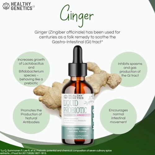 Probioticos Líquidos Healthy Genetics para Mujeres, Hombres y Niños | Prebiótico + Jengibre + Probióticos para la Salud Digestiva | 30 Porciones, Sin - imagen 5