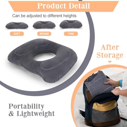 Cojín Inflable AirSwim para Hemorroides, Almohada Donut para Dolor de Coccix, Cojín Ajustable para Sillas, Postparto, 17.7'' x 15.4'' x 4.3'' (Gris) - imagen 3