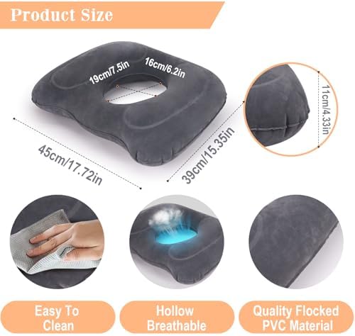 Cojín Inflable AirSwim para Hemorroides, Almohada Donut para Dolor de Coccix, Cojín Ajustable para Sillas, Postparto, 17.7'' x 15.4'' x 4.3'' (Gris) - imagen 6