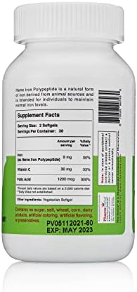Pharmvista Heme Iron Polypeptide Softgels con Vitamina C y Ácido Fólico - Sin Gluten, No Transgénico - 60 Cápsulas - imagen 2