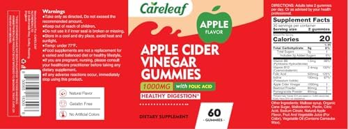 Gomitas de Vinagre de Sidra de Manzana Careleaf, 1000mg AVC y Vitaminas B6 y B12, 60 piezas para Metabolismo, Digestión, Detox y Salud Inmunológica - imagen 2