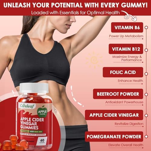 Gomitas de Vinagre de Sidra de Manzana Careleaf, 1000mg AVC y Vitaminas B6 y B12, 60 piezas para Metabolismo, Digestión, Detox y Salud Inmunológica - imagen 3
