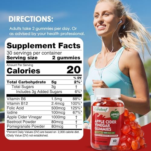 Gomitas de Vinagre de Sidra de Manzana Careleaf, 1000mg AVC y Vitaminas B6 y B12, 60 piezas para Metabolismo, Digestión, Detox y Salud Inmunológica - imagen 7