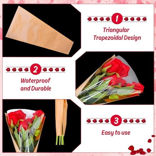 50 Pzs de Bolsas de Papel Kraft para Envolver Flores con Listón, Fundas Transparentes para Ramo, 9.8x3.9x17.9 Pulgadas, Ideal para Bodas y Regalos - imagen 3