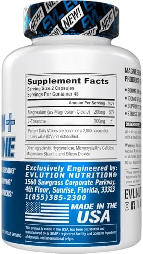Suplemento de Magnesio L-Teanina - Evlution Nutrition Mind & Body, Magnesio Calmante con L-Teanina para Enfoque y Relajación - Vegano, No GMO y Libre - imagen 2