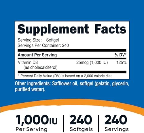 Nutricost Vitamina D3 1000 IU en Softgels, 240 Softgels - Sin OGM y Libre de Gluten - imagen 2