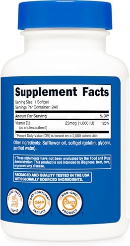 Nutricost Vitamina D3 1000 IU en Softgels, 240 Softgels - Sin OGM y Libre de Gluten - imagen 5