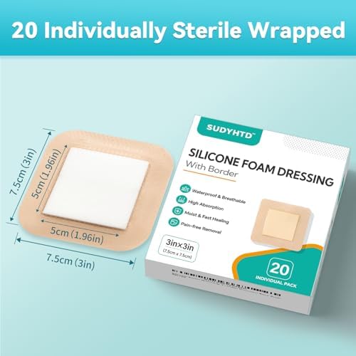 Paquete de 20 apósitos de silicona espuma 3x3 con borde suave, vendajes impermeables para cuidado de heridas, apósitos super absorbentes para úlceras - imagen 6