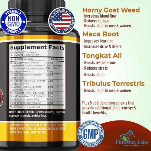 Horny Goat Weed Mezcla de Fuerza Extra, 120 Cápsulas con Maca, Arginina, Ginseng, Tribulus y Tongkat, Apoyo a la Libido y Energía, Fórmula No GMO - imagen 4