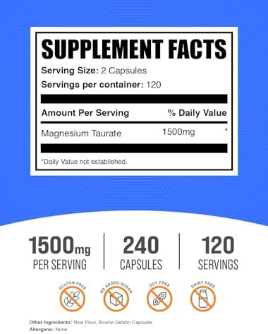 Cápsulas de Magnesio Taurato BulkSupplements.com - Suplemento de Magnesio 1500mg, Sin Gluten, 2 Cápsulas por Porción, 240 Cápsulas (Paquete de 1) - imagen 2