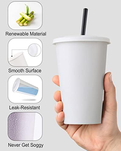 KTOB [16 oz. - 50 piezas] Vasos de papel desechables con tapas de papel y popotes compostables, ecológicos y reciclables para café helado - imagen 2
