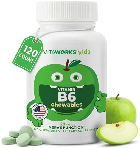 VitaWorks Vitaminas B6 para Niños, Tabletas Masticables de 20mg, Sabor Manzana Verde, Veganas, Sin Gluten, No Transgénicas, 120 Tabletas - imagen 1