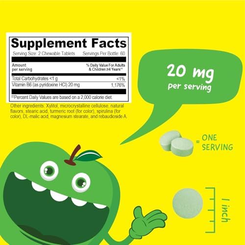VitaWorks Vitaminas B6 para Niños, Tabletas Masticables de 20mg, Sabor Manzana Verde, Veganas, Sin Gluten, No Transgénicas, 120 Tabletas - imagen 2