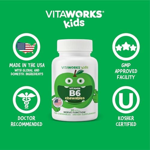 VitaWorks Vitaminas B6 para Niños, Tabletas Masticables de 20mg, Sabor Manzana Verde, Veganas, Sin Gluten, No Transgénicas, 120 Tabletas - imagen 6
