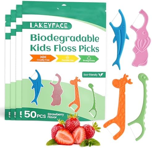 Lakeyface 200 Hilos Dentales Biodegradables para Niños, Sabor Fresa, Ecológicos y Veganos - 4 Divertidos Diseños de Animales, Sin Flúor ni BPA - imagen 1
