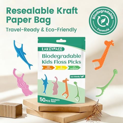 Lakeyface 200 Hilos Dentales Biodegradables para Niños, Sabor Fresa, Ecológicos y Veganos - 4 Divertidos Diseños de Animales, Sin Flúor ni BPA - imagen 7