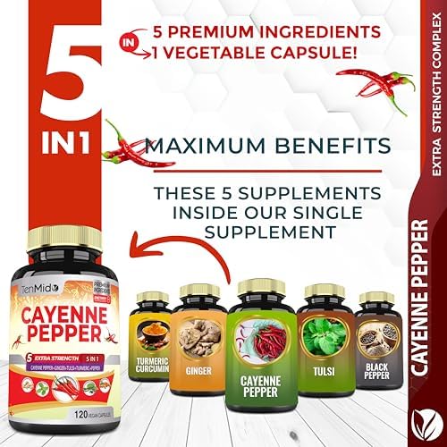 Suplementos de Extracto de Pimienta de Cayena en Cápsulas, Suministro para 4 Meses con Jengibre, Cúrcuma, Tulsi y Pimienta Negra - Apoya el Sistema - imagen 2