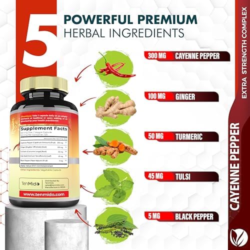 Suplementos de Extracto de Pimienta de Cayena en Cápsulas, Suministro para 4 Meses con Jengibre, Cúrcuma, Tulsi y Pimienta Negra - Apoya el Sistema - imagen 3