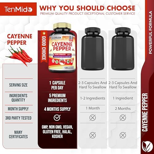Suplementos de Extracto de Pimienta de Cayena en Cápsulas, Suministro para 4 Meses con Jengibre, Cúrcuma, Tulsi y Pimienta Negra - Apoya el Sistema - imagen 4
