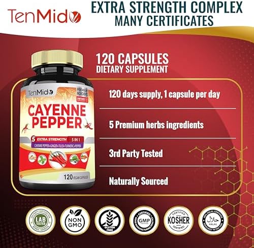 Suplementos de Extracto de Pimienta de Cayena en Cápsulas, Suministro para 4 Meses con Jengibre, Cúrcuma, Tulsi y Pimienta Negra - Apoya el Sistema - imagen 7