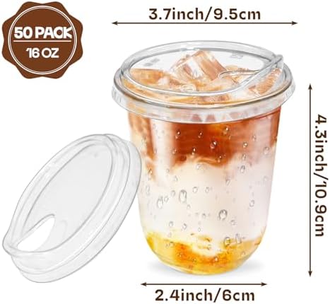 Haayeicai 50 Piezas de Vasos Plásticos Transparentes de 16 Oz con Tapas Sin Popote, Vasos Desechables para Café Helado, Smoothies y Bebidas Frías - imagen 3
