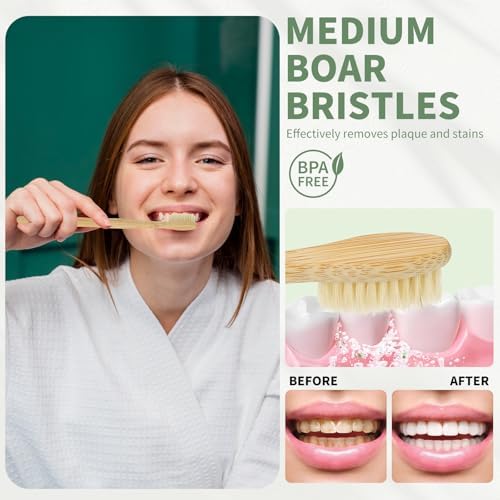 DEBETOOL Paquete de 12 Cepillos de Dientes de Bambú - Cepillos de Cerdas de Jabalí Naturales para Salud de Encías y Blanqueamiento Dental, Cepillos - imagen 3