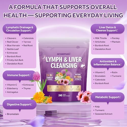Suplemento para Drenaje Linfático, Limpieza y Reparación del Hígado, Mezcla Herbal 24 en 1 con Equinácea, Diente de León, Bardana, Bromelina, - imagen 7