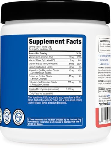 Creatina Monohidratada Nutricost + Hidratación Sabor Sandía (30 Porciones) - 7 Vitaminas y Minerales, 5000mg de Creatina por Porción - imagen 5