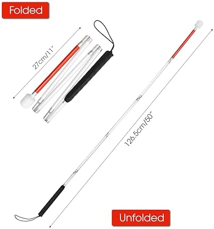 Bastón Blanco y Rojo Plegable para Ciegos con Punta de Bola de Malvavisco | Bastón de Movilidad Reflectante para Personas con Discapacidad Visual - imagen 2