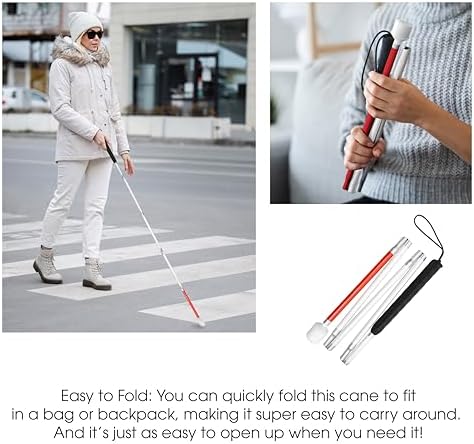 Bastón Blanco y Rojo Plegable para Ciegos con Punta de Bola de Malvavisco | Bastón de Movilidad Reflectante para Personas con Discapacidad Visual - imagen 3