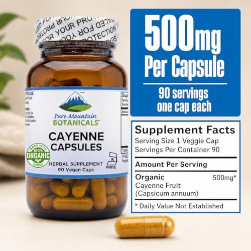 Cápsulas de Pimienta de Cayena Pure Mountain Botanicals - 90 Cápsulas Veganas Kosher - Suplemento Orgánico de 500mg con Capsaicina - 40000-60000 HU - imagen 2