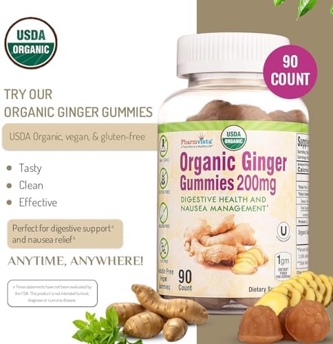Gomitas de Jengibre Orgánicas USDA Pharmvista 200mg 90 piezas para el Manejo de Náuseas y Salud Digestiva - imagen 4