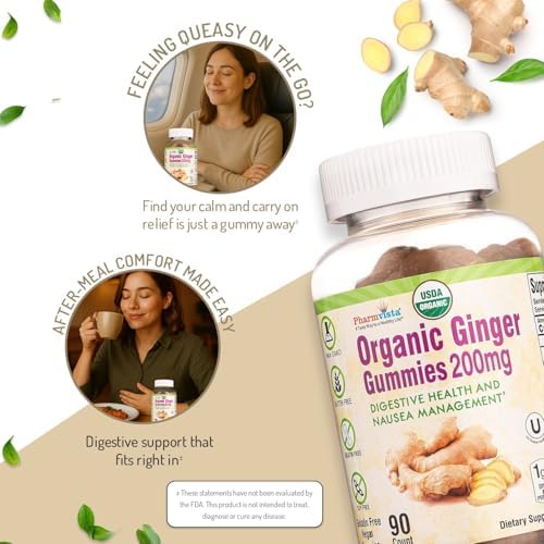 Gomitas de Jengibre Orgánicas USDA Pharmvista 200mg 90 piezas para el Manejo de Náuseas y Salud Digestiva - imagen 5