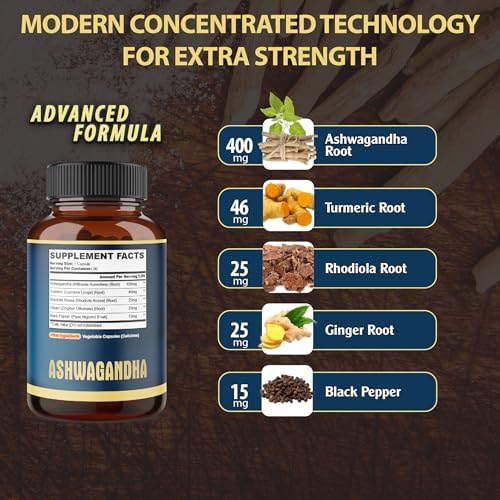 Cápsulas de Extracto de Ashwagandha - Gran Potencia - Mezcla 5 en 1 de Jengibre, Cúrcuma, Rhodiola Rosea y Pimienta Negra - 90 Cápsulas para 3 Meses - imagen 2