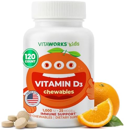 VitaWorks Vitaminas D para Niños 1000 IU - Tabletas Masticables de Sabor Naranja Natural - Veganas, Sin GMO, Sin Gluten - 120 Masticables - imagen 1